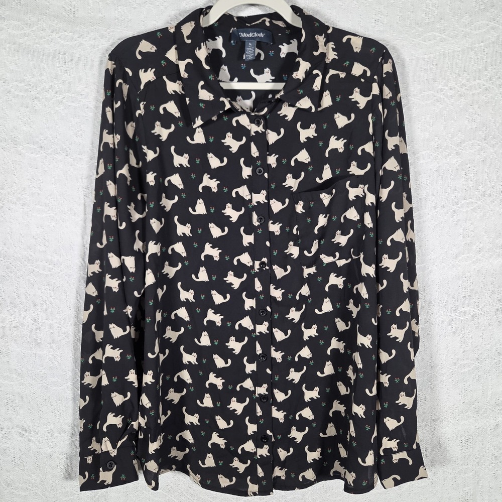 ModCloth Cat Print Button Up Blouse Women's L Black Long Sleeve Novelty Print